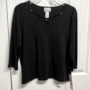 Alfred Dunner Black Mid Sleeve Keyhole Neck Rhinestone Top Size PL NWT